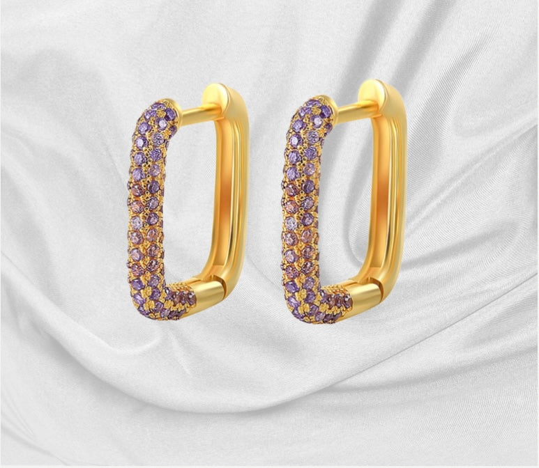 Gold Rectangle Hoop Earring with Purple Crystals-jlt11690