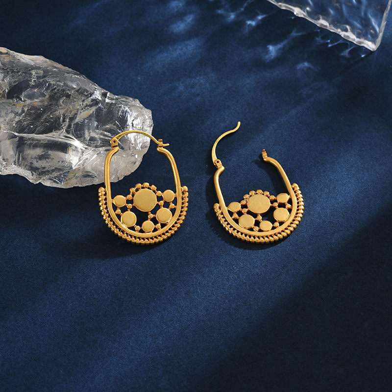 Boho Chic Gold Hoop Earrings with Intricate Tribal Design jlt11760