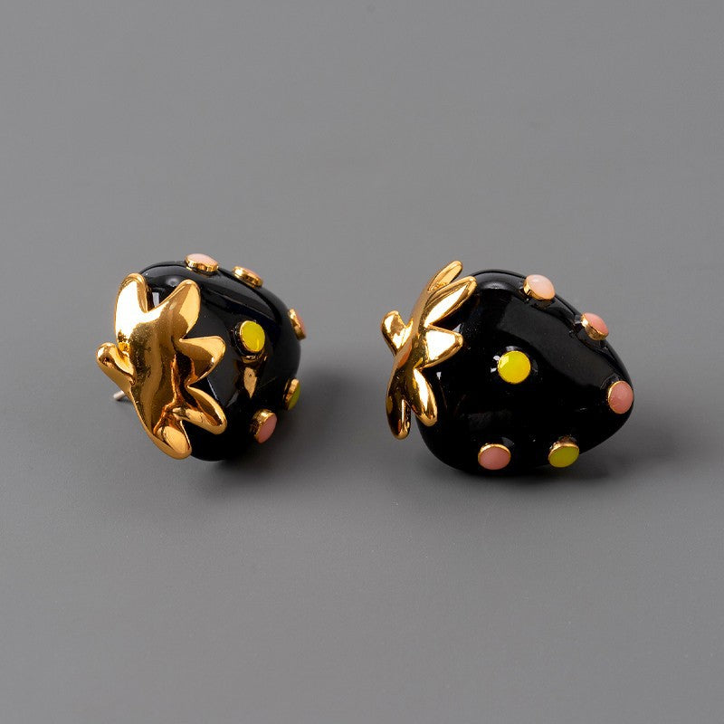 Black Strawberry Stud Earrings with Gold Leaf Accent -jlt11651