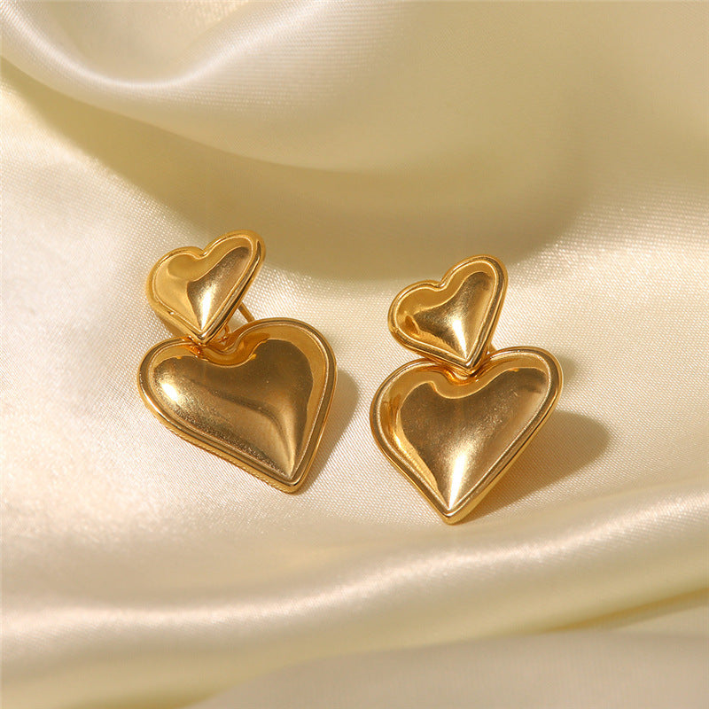 Double Heart Gold Pin Earrings JLT12824