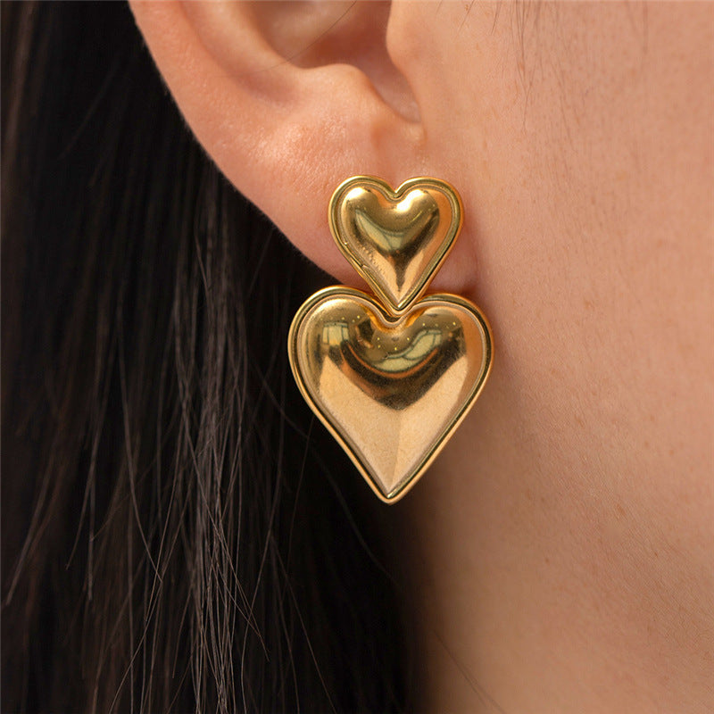 Double Heart Gold Pin Earrings JLT12824