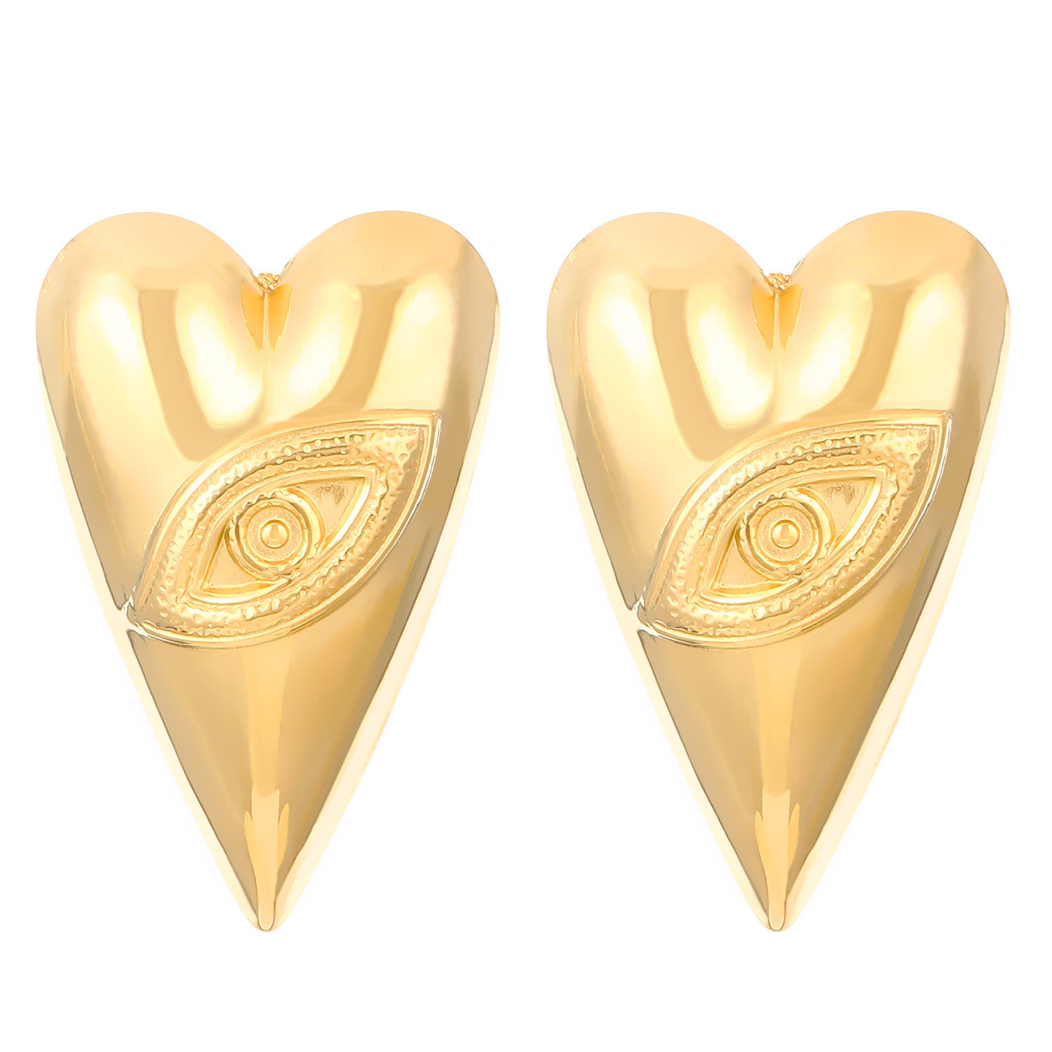 Engraved Eye Styled Heart Shaped Gold Stud Earrings JLT12943