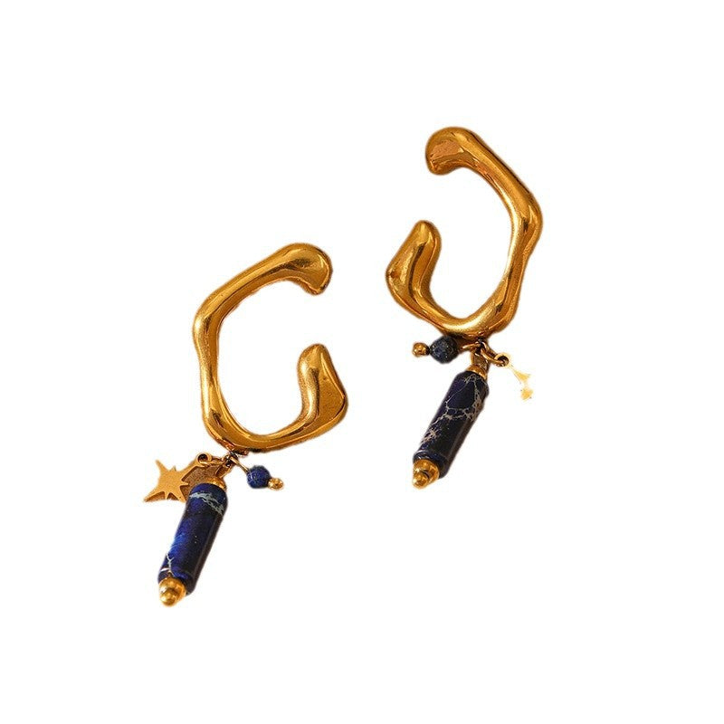 Unique Gold Cuff Earrings with Starry Blue Pendants JLT13071