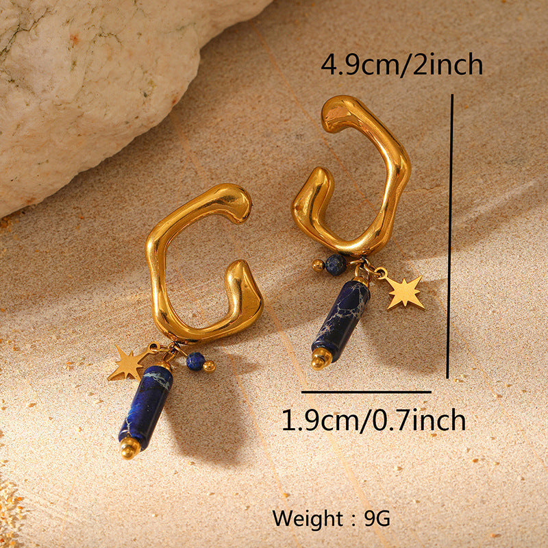 Unique Gold Cuff Earrings with Starry Blue Pendants JLT13071