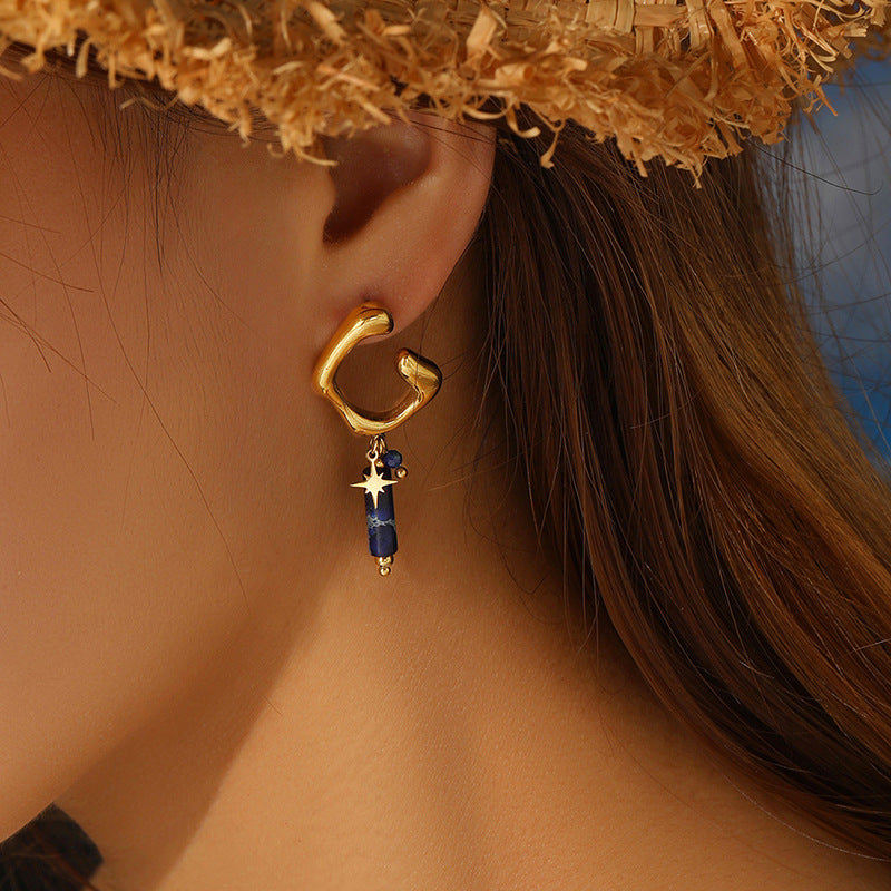 Unique Gold Cuff Earrings with Starry Blue Pendants JLT13071