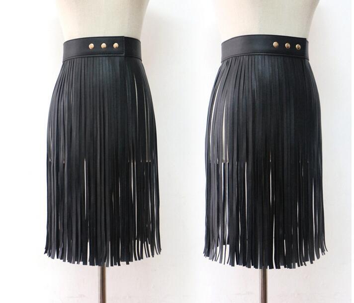 Long PU Leather Tassel Button Black Belts JLTHB0231