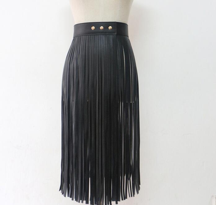 Long PU Leather Tassel Button Black Belts JLTHB0231