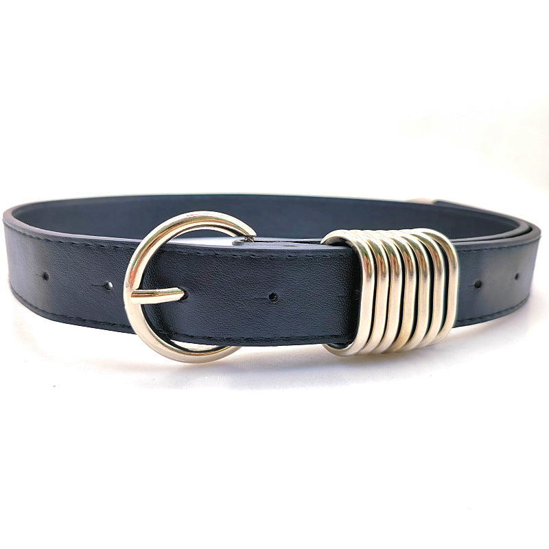 Gold Chunky Buckle Skinny Leather Black Belt JLTHB0233