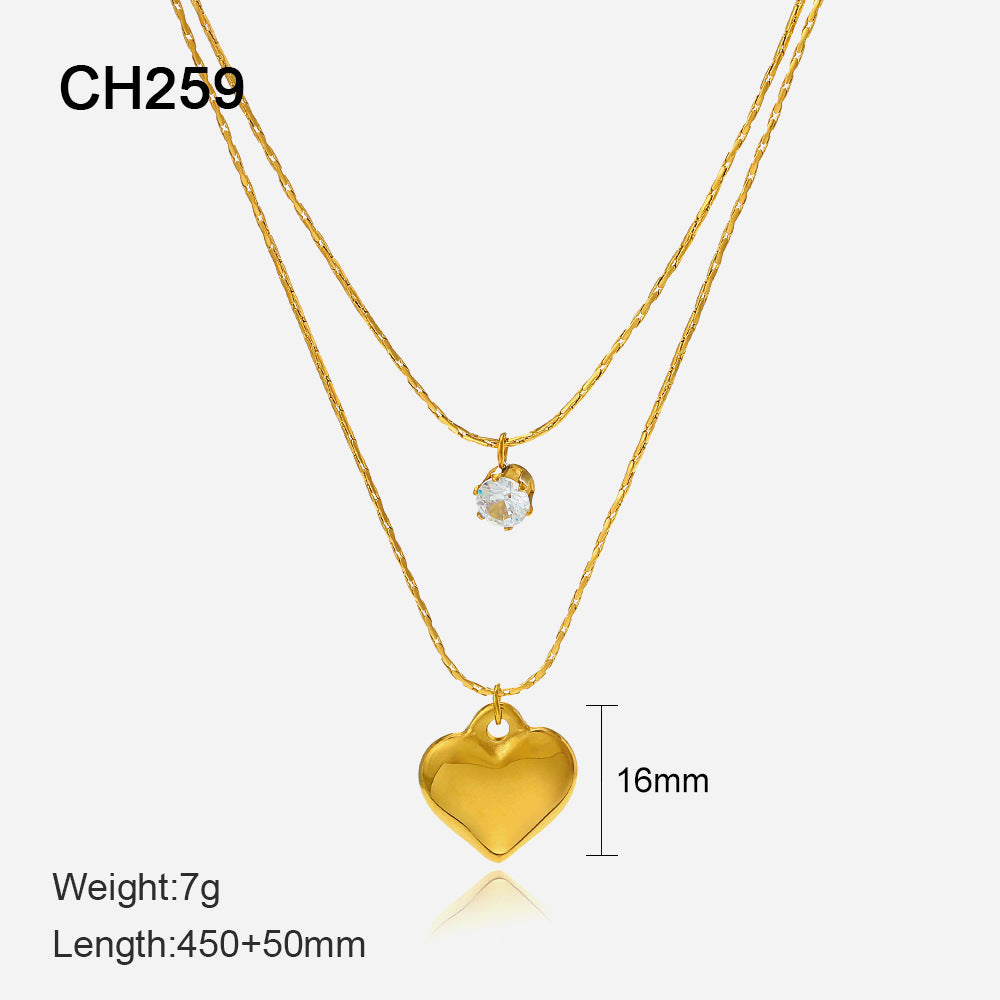 Dual-Layer Gold Necklace with Heart and Crystal Pendants JLTN1335