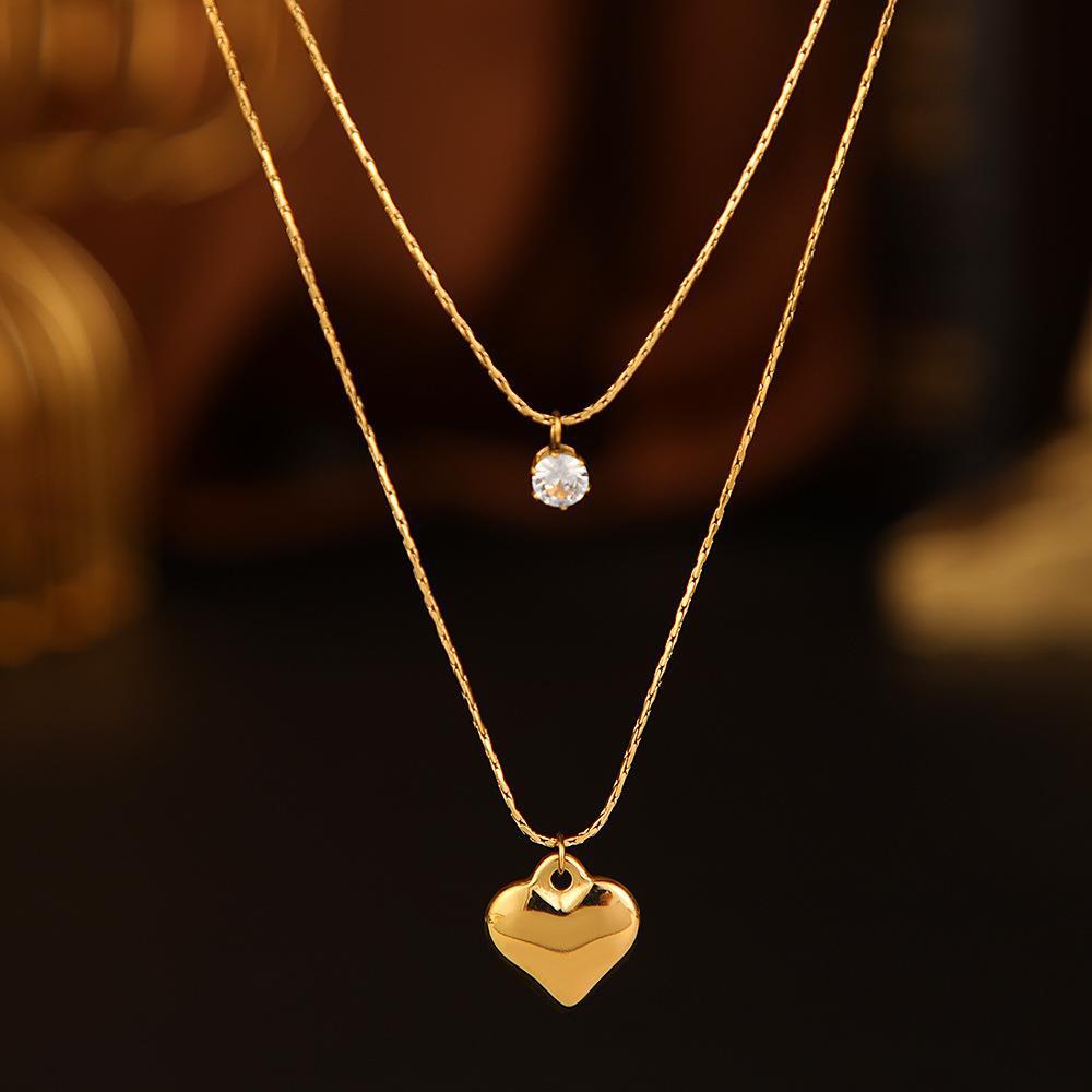 Dual-Layer Gold Necklace with Heart and Crystal Pendants JLTN1335