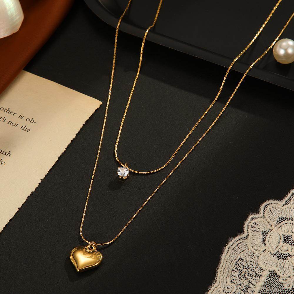 Dual-Layer Gold Necklace with Heart and Crystal Pendants JLTN1335