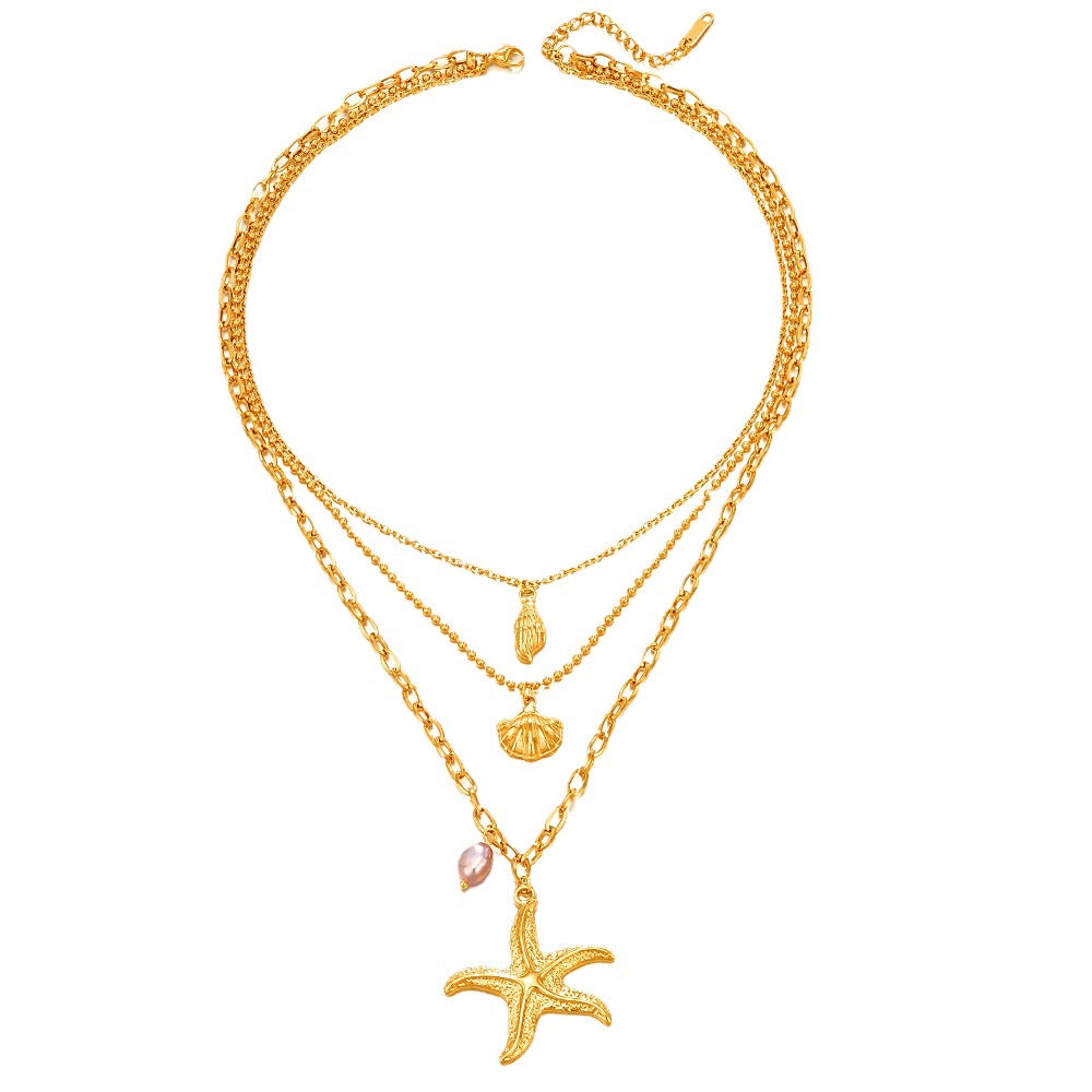 Ocean-Themed Layered Necklace with Starfish and Shell Accents JLTN1375