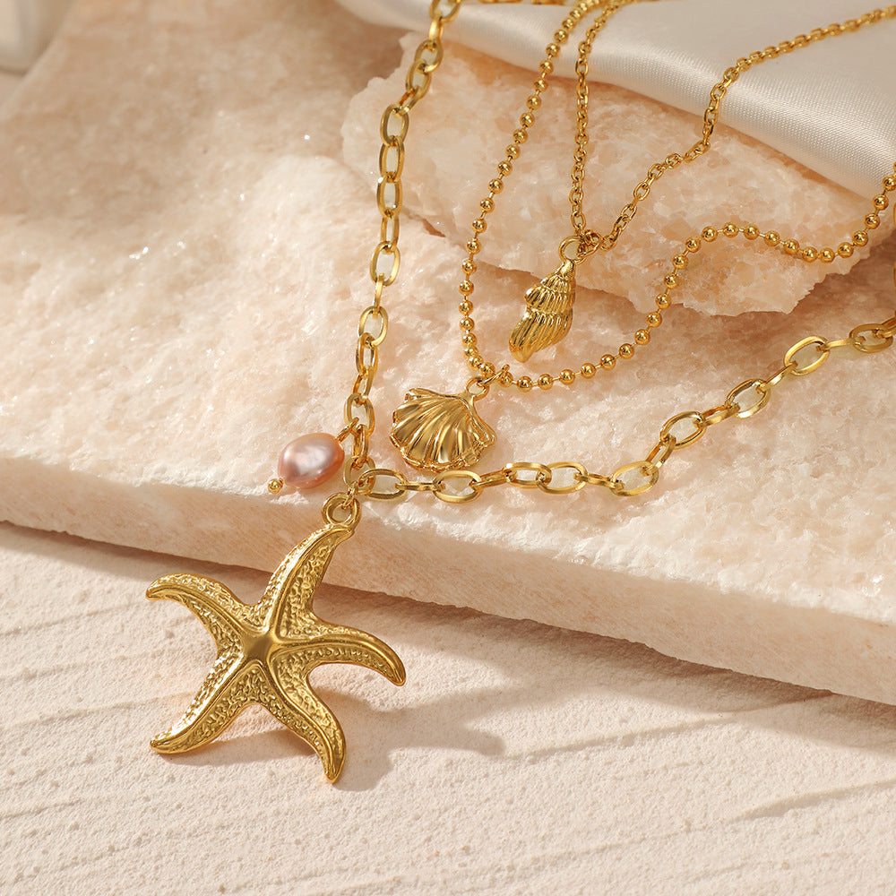 Ocean-Themed Layered Necklace with Starfish and Shell Accents JLTN1375