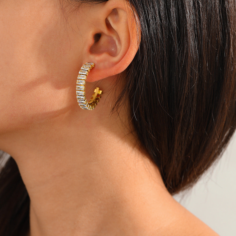 Gold Hoop Earrings with Baguette-Cut Crystals jlt11723