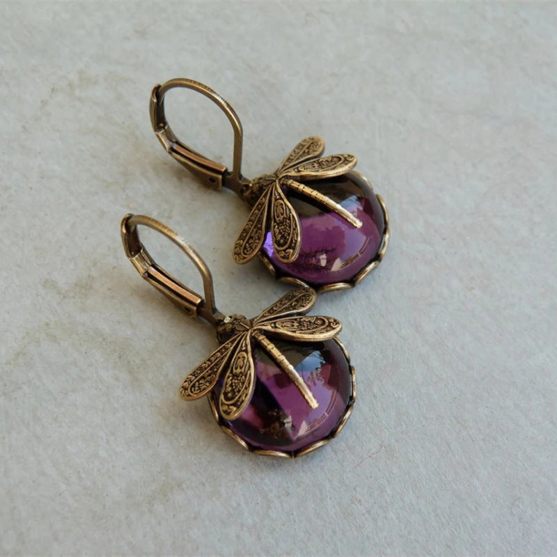 Vintage Elegant Dragonfly Amethyst Hoop Earrings JLT12775