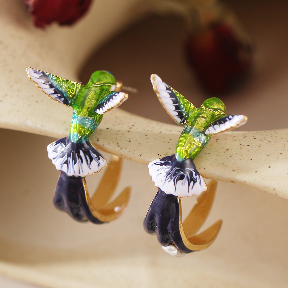 Humming Bird Gold Feather Multicolor Stud Earrings JLT12780