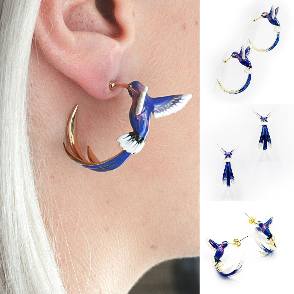 Humming Bird Gold Feather Blue Stud Earrings JLT12781