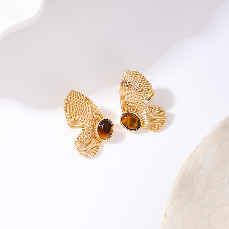 Vintage Butterfly Inlay Gold Stud Earrings JLT12795