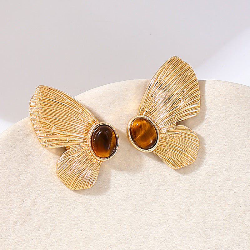 Vintage Butterfly Inlay Gold Stud Earrings JLT12795