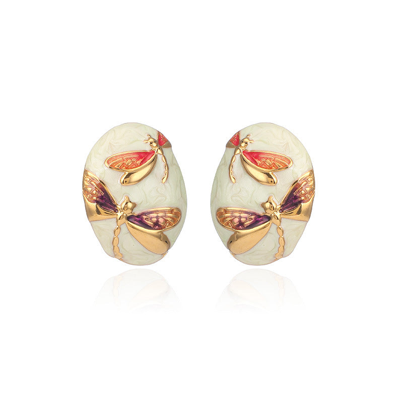 Purple Dragonfly Oval Shaped White Stud Earrings JLT12806