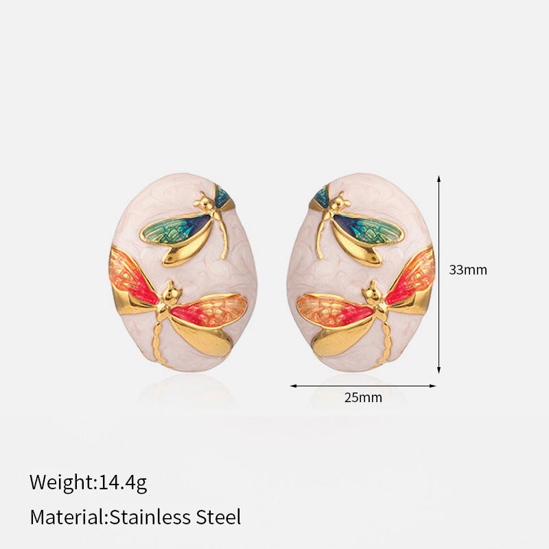 Orange Dragonfly Oval Shaped White Stud Earrings JLT12807