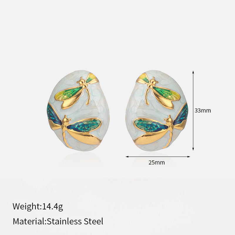 Blue Dragonfly Oval Shaped White Stud Earrings JLT12808