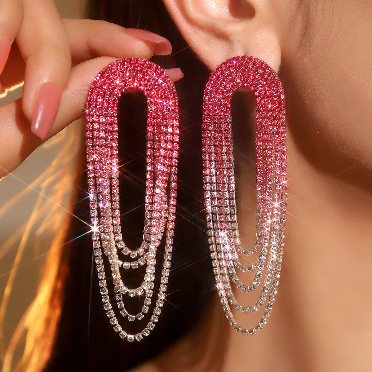 Crystal Tassel Rhinestone Bicolor Dangle Pin Earrings JLT12813