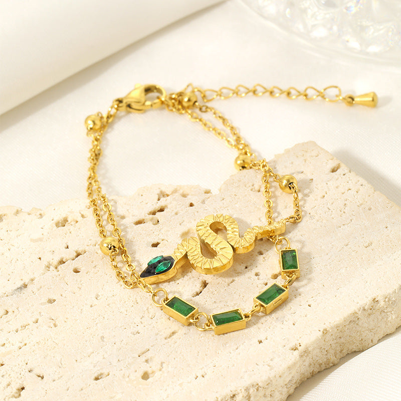 Snake Design with Green Gemstones Gold Bracelet JLTB0547