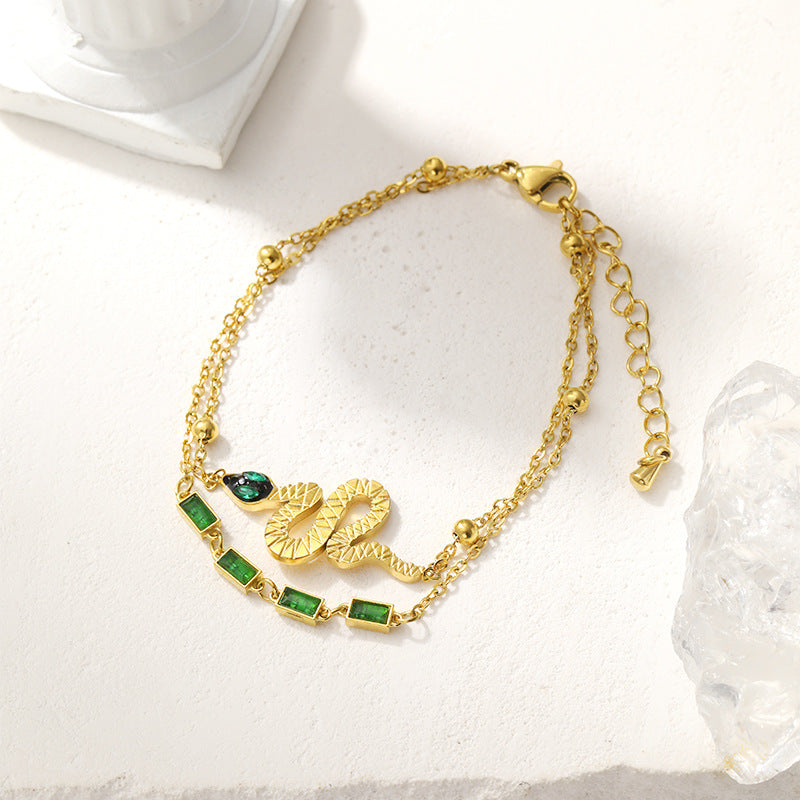 Snake Design with Green Gemstones Gold Bracelet JLTB0547