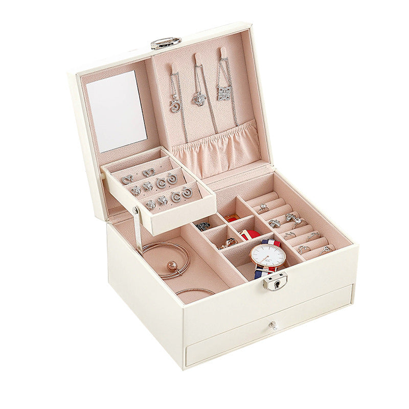 Deluxe Jewelry Organizer Box with Drawer and Mirror Elegant Storage for Rings, Earrings, Watches, and More