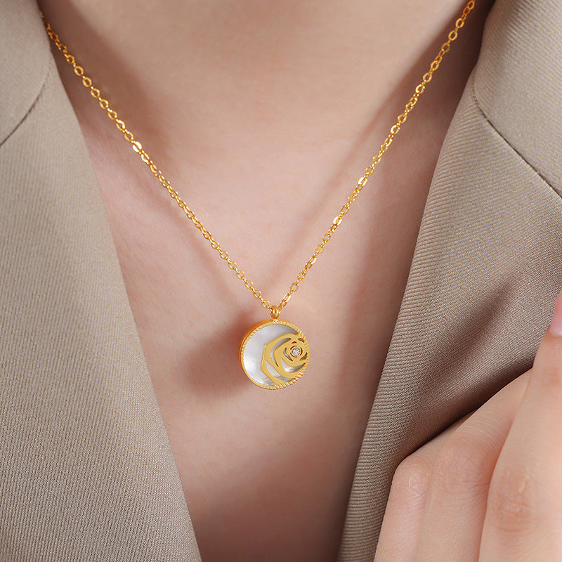 White Rose Marble Web Round Gold Necklace JLTN1172