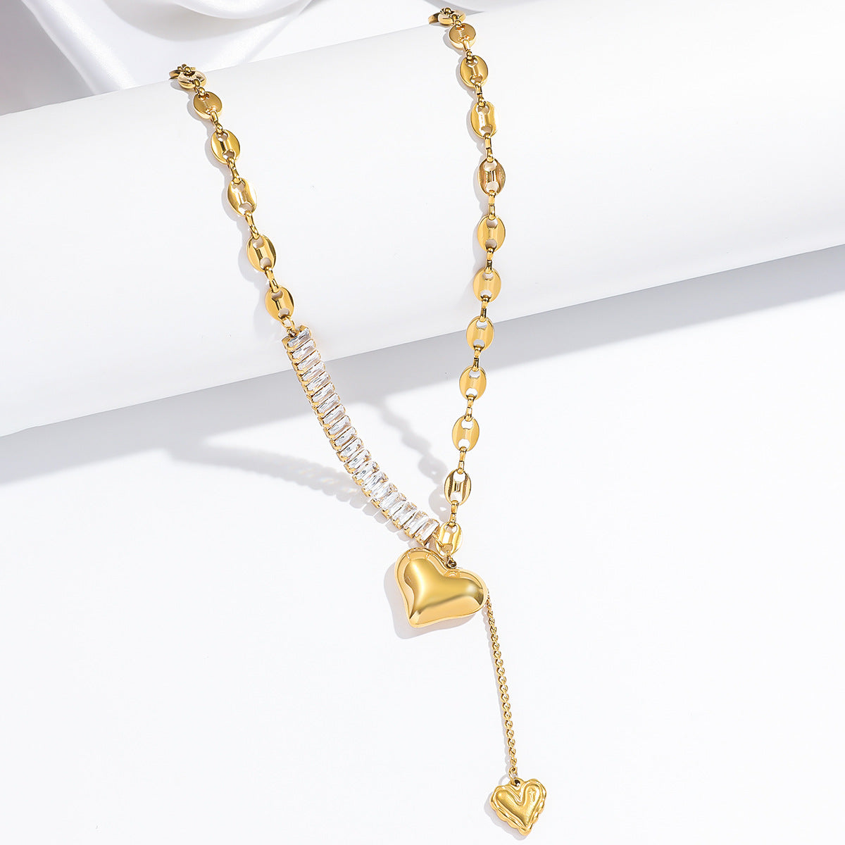 Dripping Dropped  Dual Heart Multi White Stone Gold Necklace JLTN1266