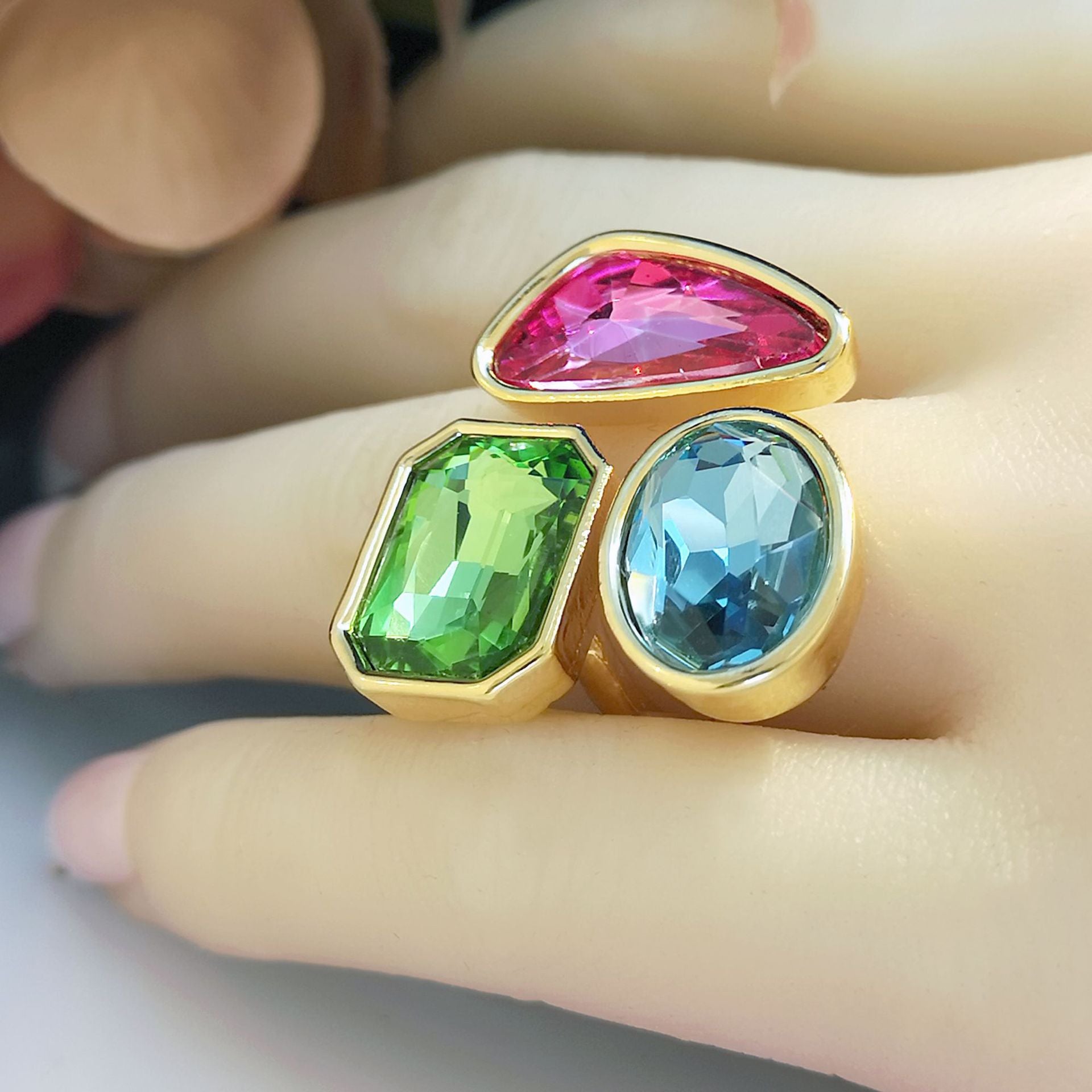 Geometrical Shaped Tri Gemstone  Multicolor Rings JLTR0375