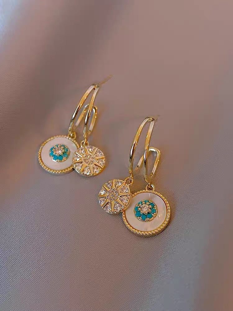 Gold and Enamel Charm Hoop Earrings with Turquoise Accents-jlt11530