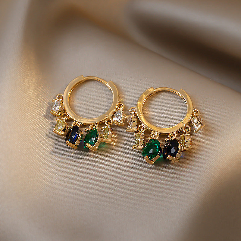 Gold Hoop Earrings with Colorful Gemstone Charms jlt11533