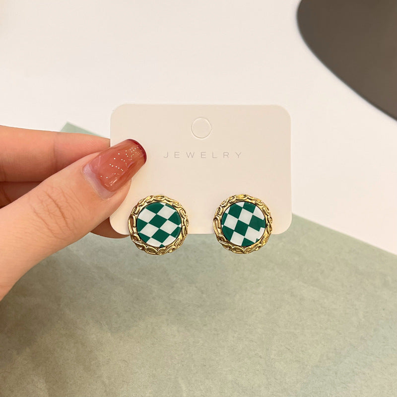 Green Checkered Vintage Stud Earrings -jlt11572