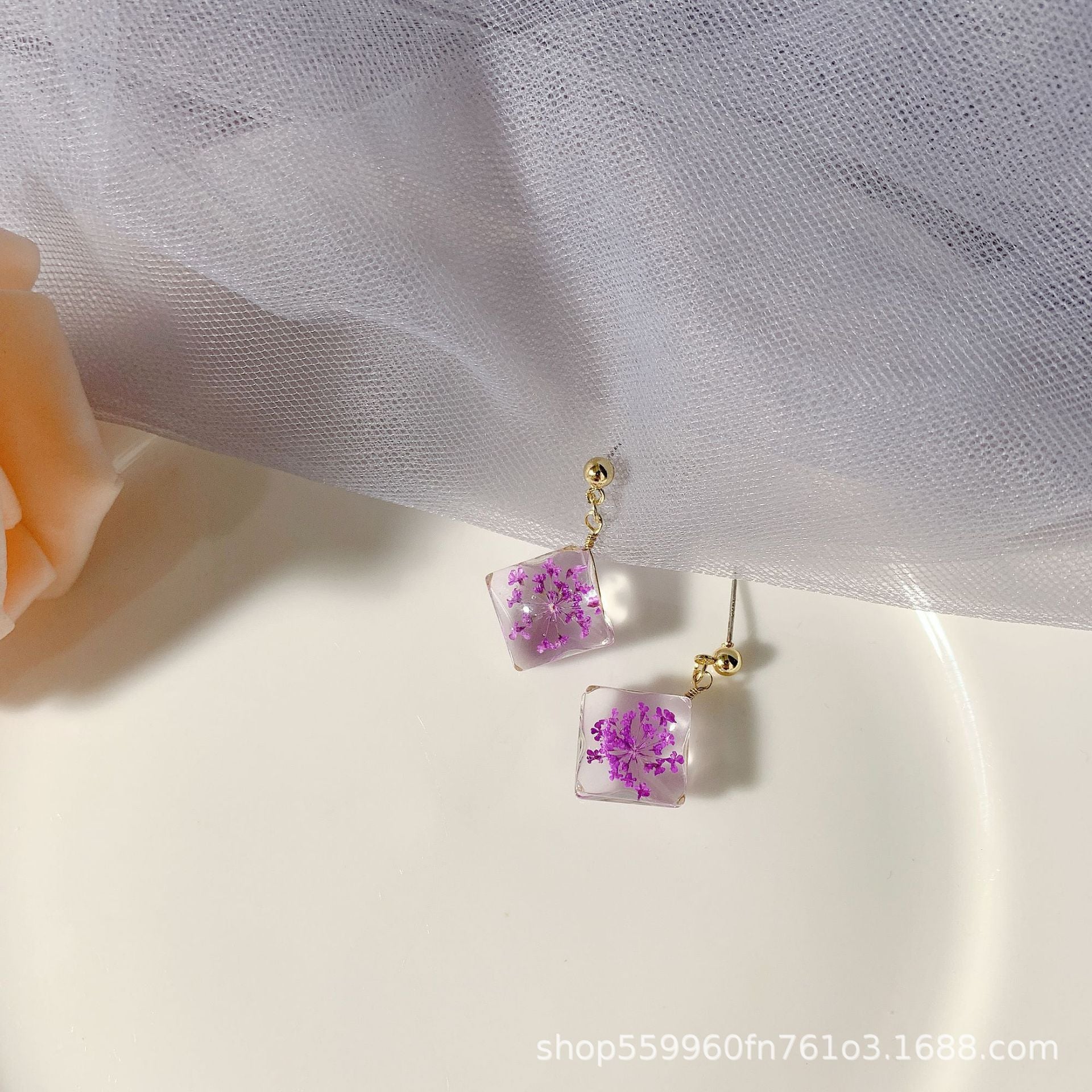 Purple Floral Square Resin Earrings jlt11582