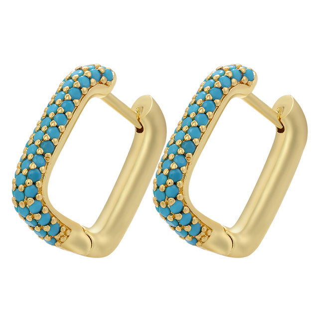 Gold Square Hoop Earrings with Turquoise Bead Accents-jlt11648