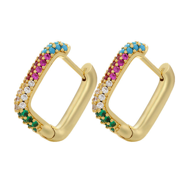 Gold Multi-Colored Square Hoop Earrings-jlt11649