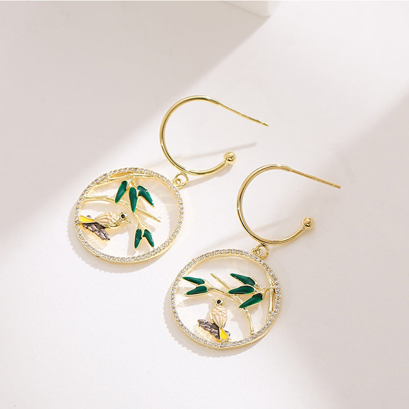 Gold Bamboo Bird Drop Earrings-jlt11657