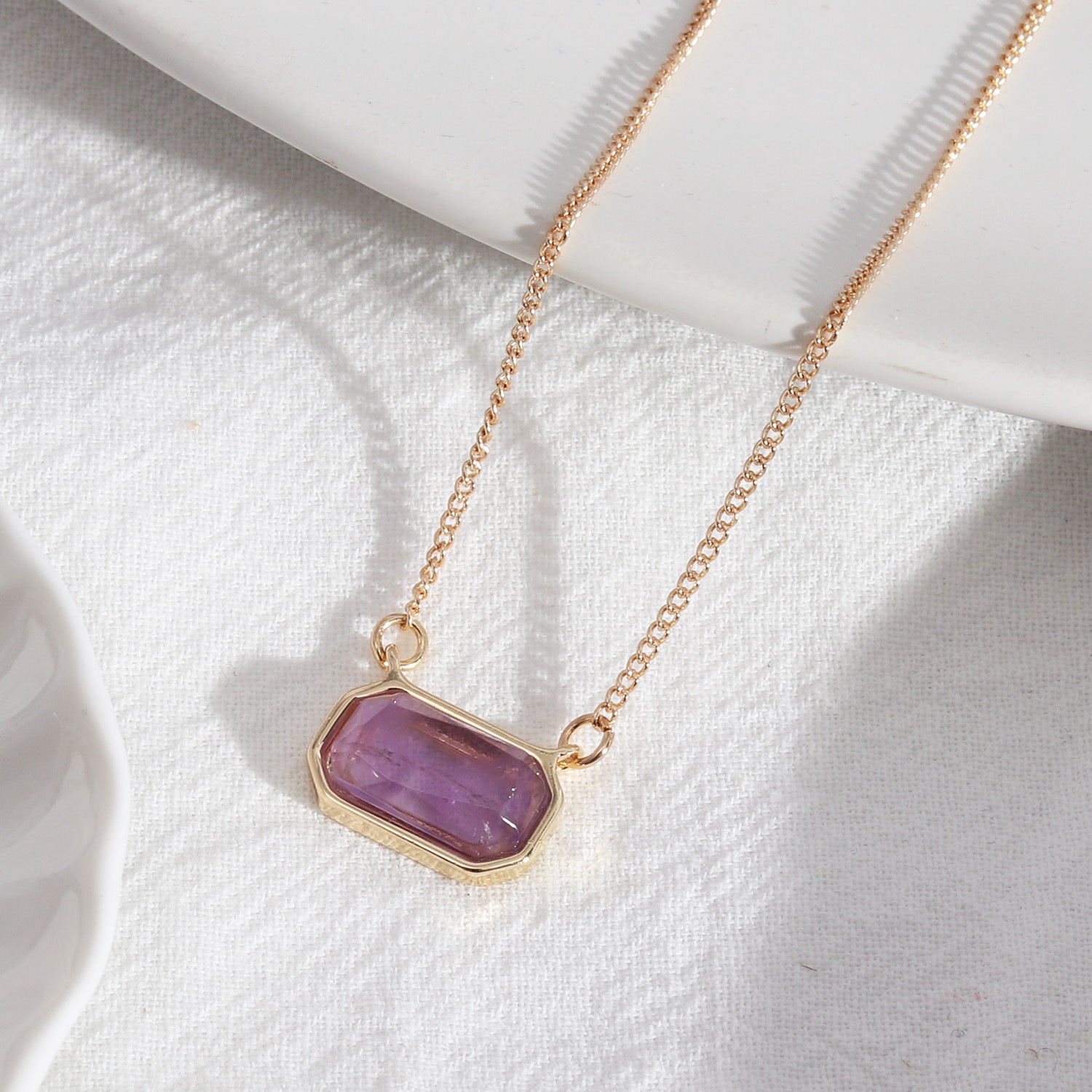 Gold-Plated Amethyst Rectangle Pendant Purple Necklace – Minimalist Gemstone Jewelry-jltn0531