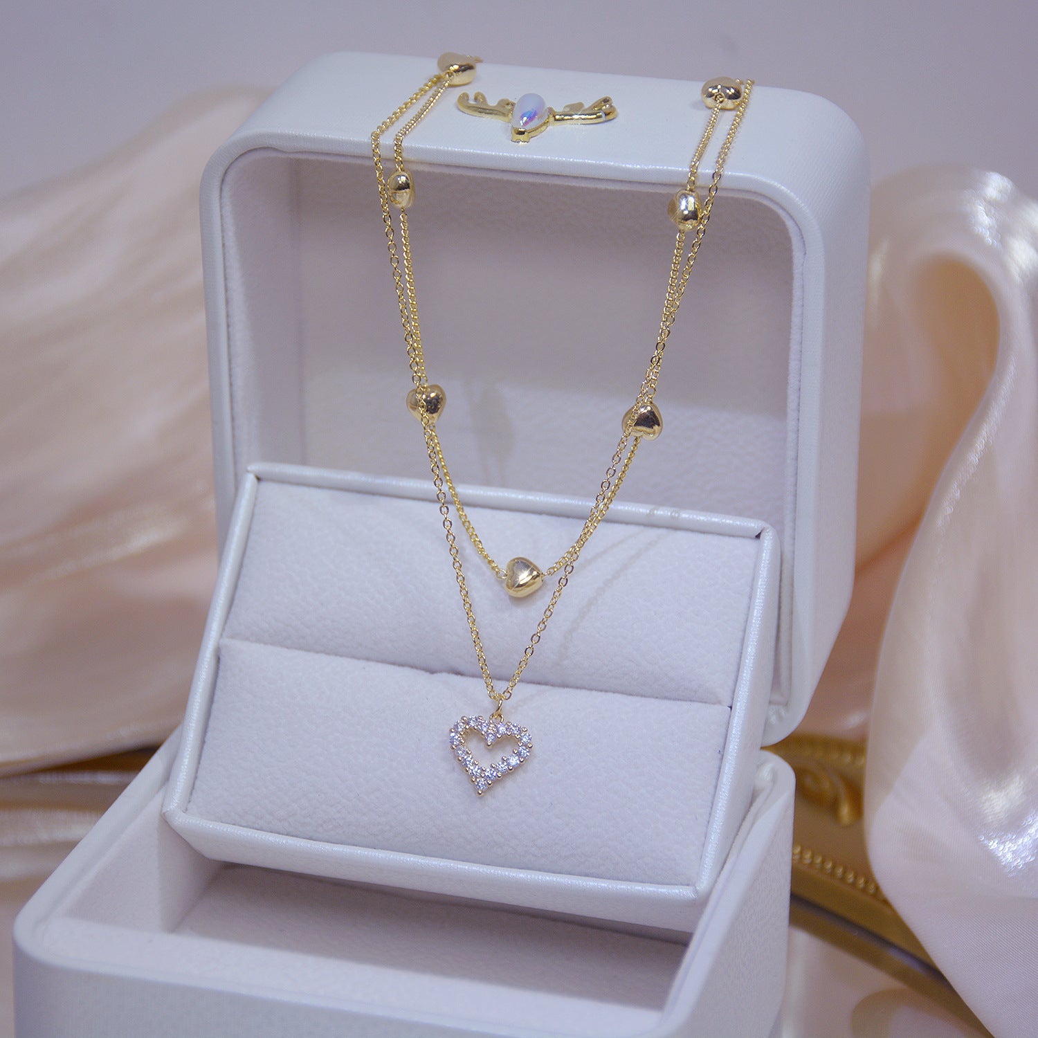 Gold-Plated Heart Charm Necklace with Crystal Pendant – Double Layered Romantic Jewelry-jltn0543