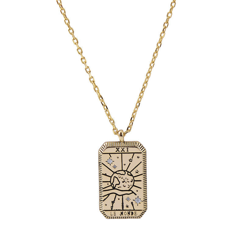 "Le Monde" Tarot Necklace – Gold-Plated World Card Pendant for Completion & Wholeness jltn0623